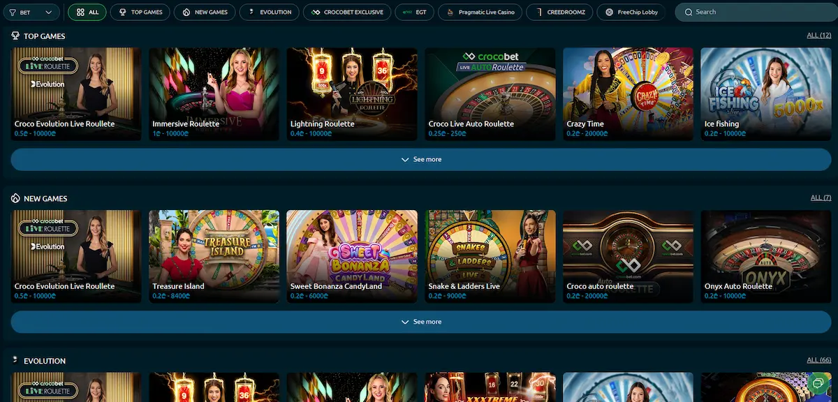 Crocobet Casino – hlavní lobby s herním katalogem slotů a live casino